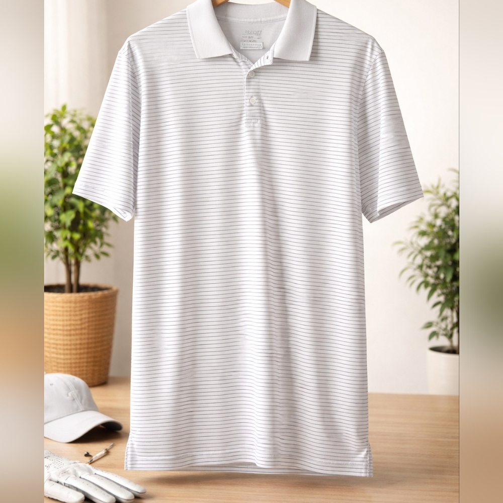 BCG Golf Polo Shirt Men’s Large White Gray Striped Short Sleeve Performance
